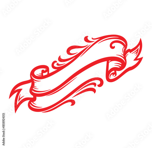 Red decorative ribbon banner with curly swirling tails and flourishes