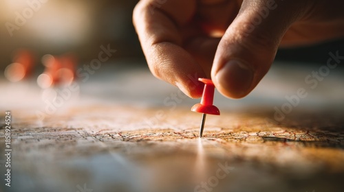 Pinpointing the Journey: A hand carefully places a red pin on a map, symbolizing the beginning of an adventure, strategic planning, and the exploration of new destinations.