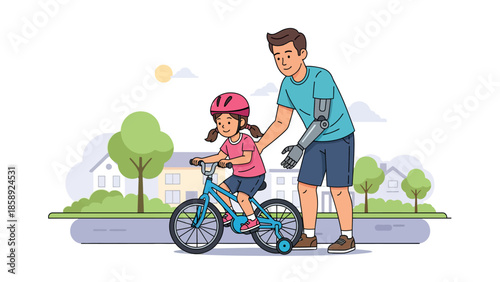 Father with prosthetic arm teaches his daughter to ride a bicycle.