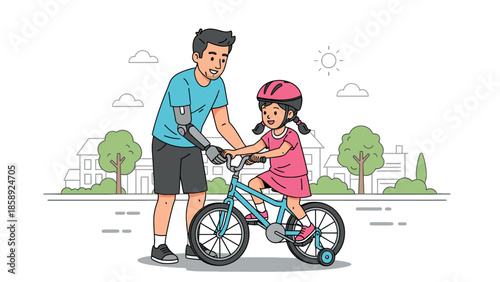 Father with prosthetic arm teaching his daughter to ride a bicycle.