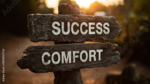 Roadmap to Prosperity: A weathered signpost offers a choice: Success or Comfort, silhouetted against a golden hour sky, representing the pivotal decisions on the path to growth and achievement.