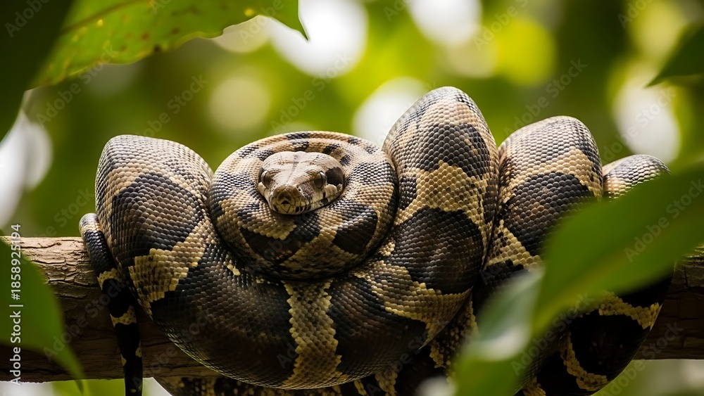 Obraz premium Large python coiled on a tree branch surrounded by lush green leaves and soft bokeh background
