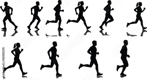 Running silhouette collection illustration, male and female jogger motion poses, fitness training activity, marathon exercise concept, black vector design, isolated minimalist style
