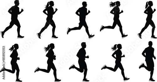 Running silhouettes vector collection, male and female joggers set, fitness exercise poses illustration, athletic motion, healthy lifestyle, outdoor training design