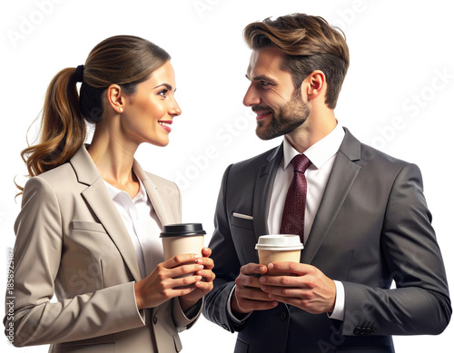  Two Business Professionals in Face-to-Face Discussion with Coffee Cups, Eye-Level View, Isolated PNG