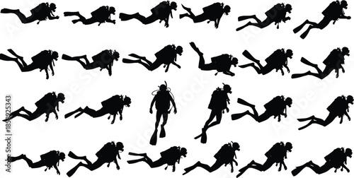 Scuba diver silhouettes vector collection, underwater swimming and diving poses set, professional equipment scenes, marine sport illustration, ocean exploration design