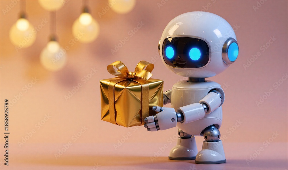 Fototapeta premium Cute robot holds golden gift, glowing blue eyes under warm string lights.