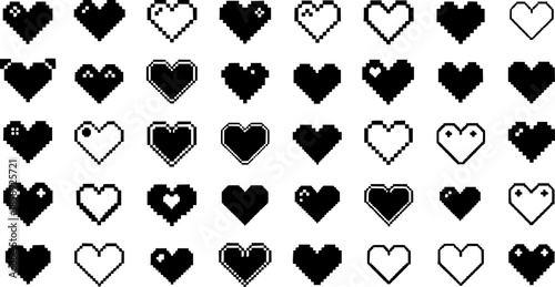 Black and White Pixel Art Heart Icons Set, Vector Graphics for Web Design and UI Elements
