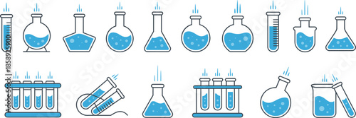 Laboratory glassware illustration, chemistry tools, beakers, flasks, test tubes, blue liquid, scientific experiment, cartoon style, education