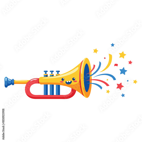 Happy Cartoon Trumpet Emitting Festive Confetti for a Cheerful Party