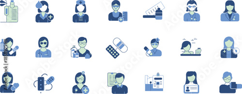 Medical icon collection, healthcare symbols, doctors, nurses, pills, syringes, IV bag, heart, clipboard, cartoon style, blue green