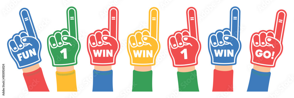 Obraz premium Colorful Foam Finger Hand Illustration, Showing Number One Fan Gesture and Sports Cheering Symbol, Fun Victory Celebration Artwork