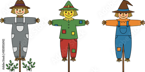 Set of cute cartoon scarecrows with hats and overalls vector illustration isolated on white background for autumn harvest.