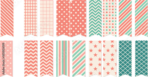 Set of decorative patterned flag banners and ribbon strips in coral and teal for digital scrapbooking and planners.
