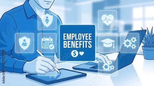 Employee benefits management concept with digital interface icons showing healthcare insurance, retirement planning, payroll, wellness and HR technology solutions
