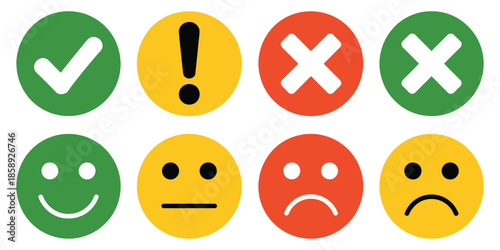 Colorful Round Icon Set, Including Green Check Marks, Red Crosses, Yellow Alert Symbols, and Feedback Emoticons, Flat Button Style