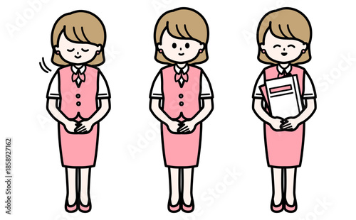 案内をする優しい女性のイラスト 受付や事務の丁寧なお辞儀ポーズのベクター素材の挿絵セット