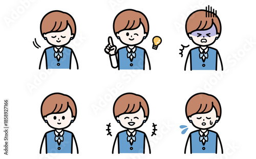 ビジネス女性のショートヘアーの表情セットイラスト 接客や説明資料の挿絵の感情バリエーション フラットデザインのベクター素材