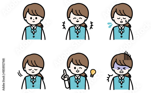 ビジネス女性の表情セットイラスト 接客や説明資料の挿絵の感情バリエーション フラットデザインのベクター素材