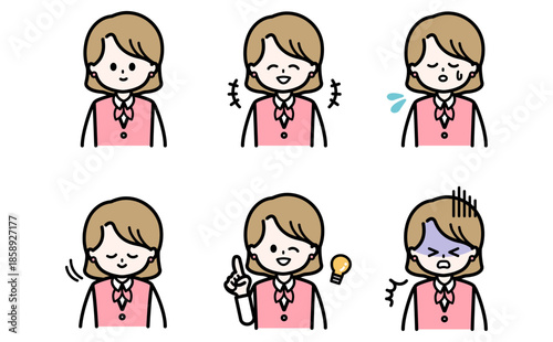 ビジネス女性の表情セットイラスト 接客や説明や資料の挿絵に使える感情バリエーション フラットデザインのベクター素材