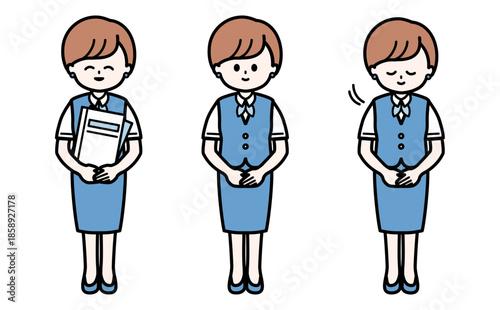 案内をするショートヘアーの女性のイラスト 受付や事務の丁寧なお辞儀ポーズのベクター素材の挿絵セット