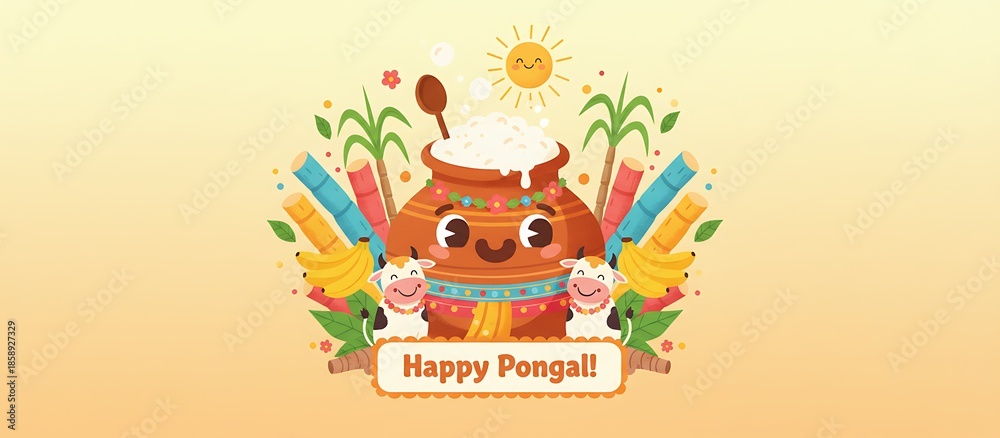 Fototapeta premium Cute Pongal greeting illustration with smiling clay pot