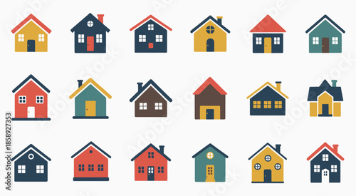 Diverse Collection of Colorful House Icons, Illustrating Real Estate and Housing Concepts, Including Residential Buildings, Property Symbols, Architecture Graphics, Home Design