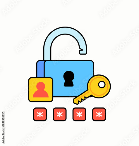 Cartoon vector illustration of an unlocked padlock with key, user icon, and password symbols. Ideal for cybersecurity, login access, authentication, privacy, and digital security concepts.