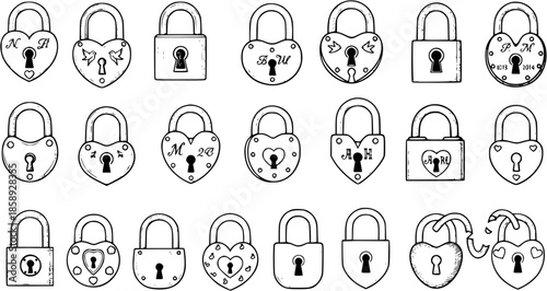 Black and White Line Art Collection of Various Padlocks and Heart-Shaped Locks, Symbols of Love and Security