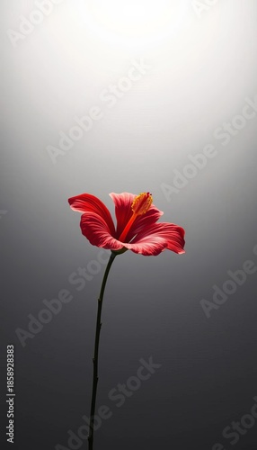 A lone, perfectly formed hibiscus blossom, its petals a fiery burst against an ethereal, illuminated expanse, capturing delicate beauty ,  high key,  tropical