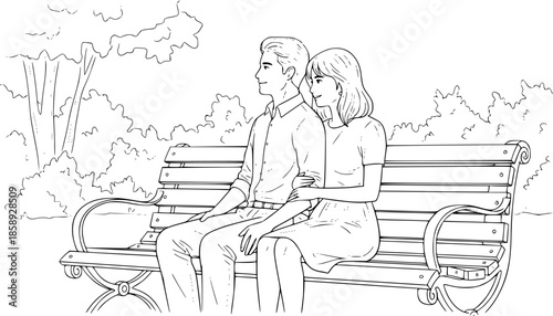 Romantic Couple Sitting on Park Bench, Black and White Line Art Illustration for Lifestyle and Relationships
