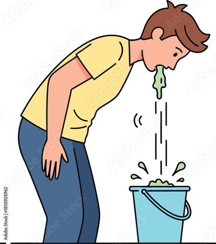 Man experiencing nausea and vomiting into a bucket due to illness.