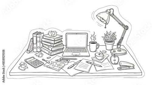 A detailed illustration of a cluttered desk with a laptop and study materials.