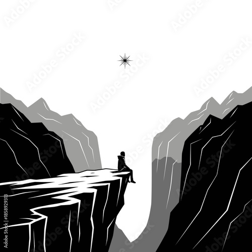 A solitary figure contemplates the vastness from a cliff edge.