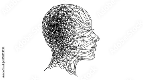 Abstract Human Head Profile with Tangled Lines Representing Complex Thoughts.