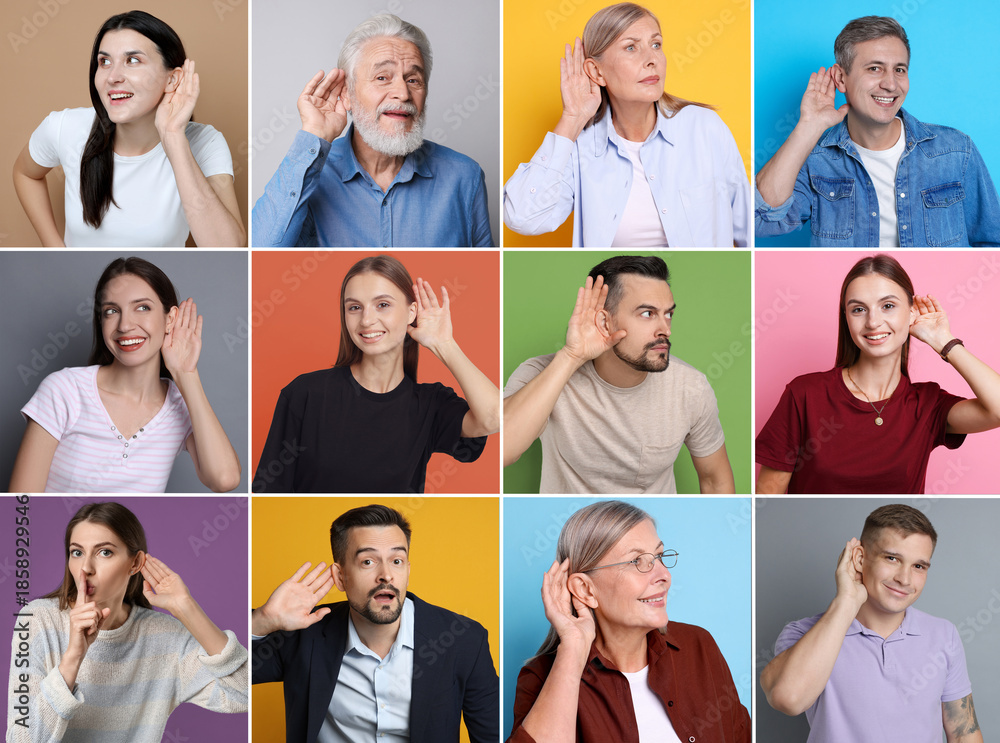 Fototapeta premium Hearing health. People holding hands near ears on colorful backgrounds, set