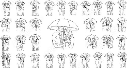 Couples and People Under Umbrellas Black and White Line Art Collection. Hand-drawn Sketch Style Vector Illustration Set for Lifestyle, Relationship, Romance, and Rainy Weather Concepts.