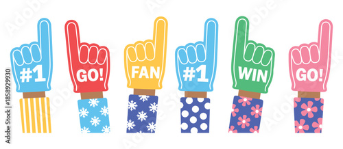 Foam Hand Illustration Set, Including Cheering Sports Fans, Number One Finger Gestures, Supportive Actions