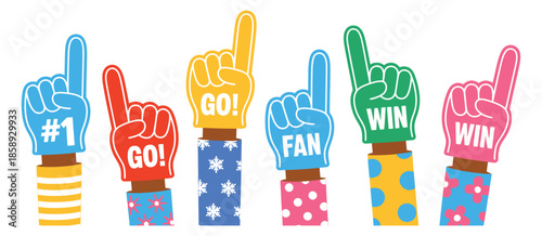 Foam Hand Illustration Set, Featuring Cheering Sports Fans with Number One Finger Symbols, Supportive Gestures