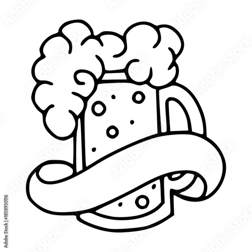 beer mug with frothy foam and blank banner line art vector