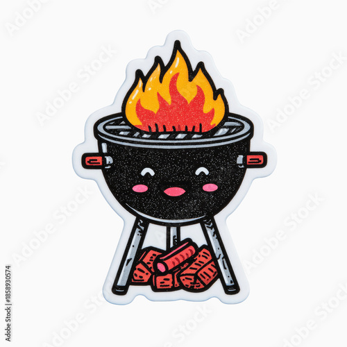 Cute cartoon grill with fire and wood, happy face