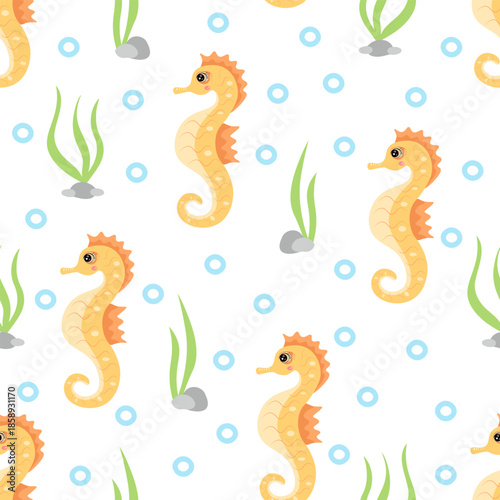 Seahorse seamless pattern. Vector Illustration for printing, backgrounds, covers and packaging. Image can be used for greeting cards, posters, stickers and textile. Isolated on white background.