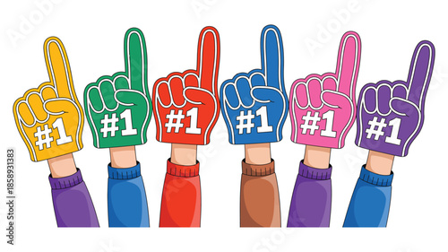 Hands Holding Foam Fingers with Number One Cheering, Featuring Supportive Sports Fans