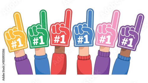 Hands Holding Foam Fingers with Number One Cheering, Depicting Celebrating Sports Fans, Supportive