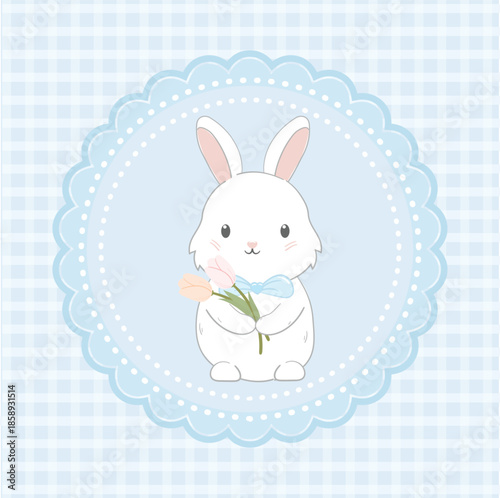 Cute bunny with a blue bow, framed in a lace circle on a soft blue checkered illustration background