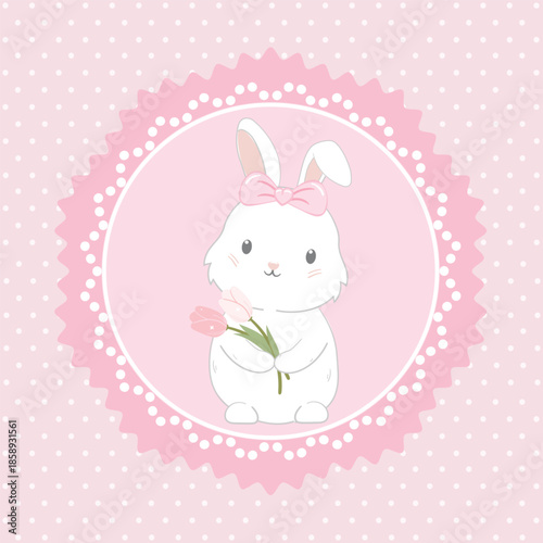 Cute white bunny holding Tulip Flowers, inside a lace circle on a soft pink polka-dot background