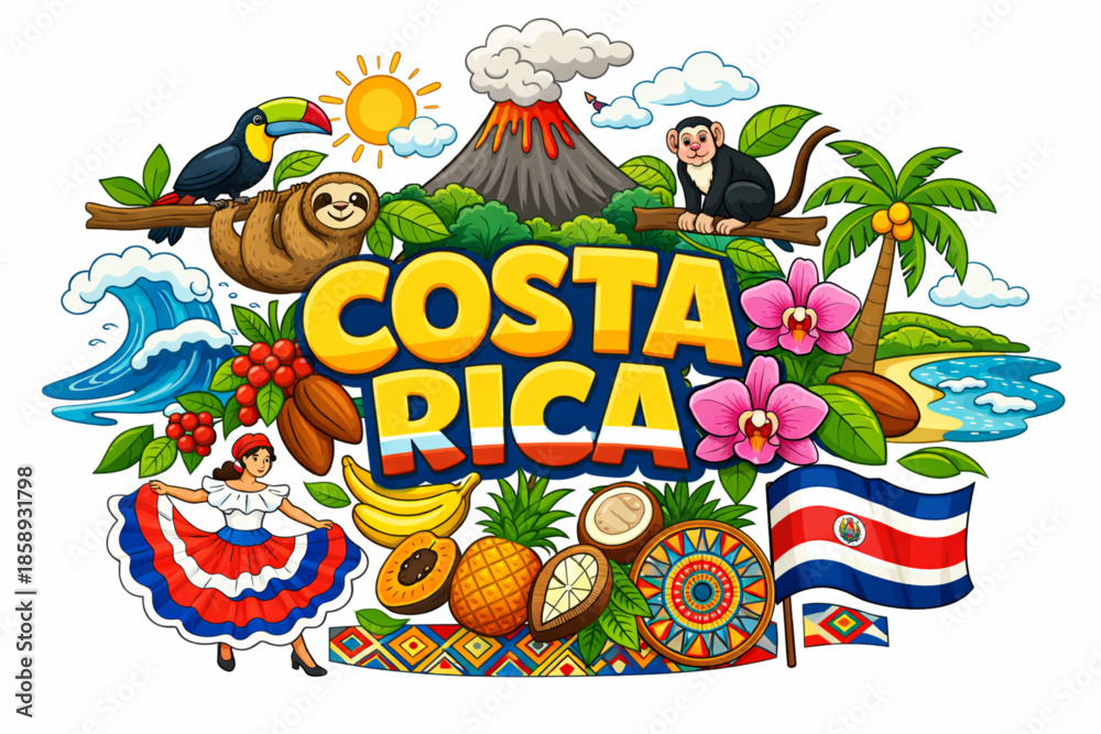 Fototapeta premium Costa Rica culture vector illustration with rainforest volcano coastline and traditional symbols