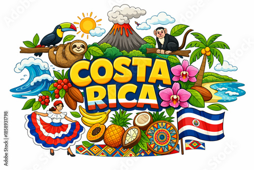 Costa Rica culture vector illustration with rainforest volcano coastline and traditional symbols