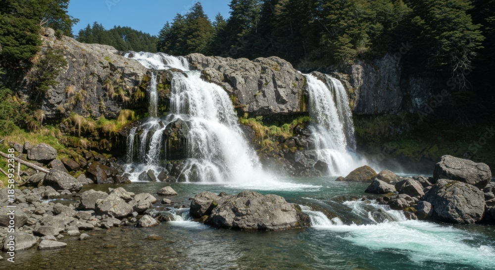 Obraz premium Cascading waterfall over rocky cliff, surrounded by green trees and foliage