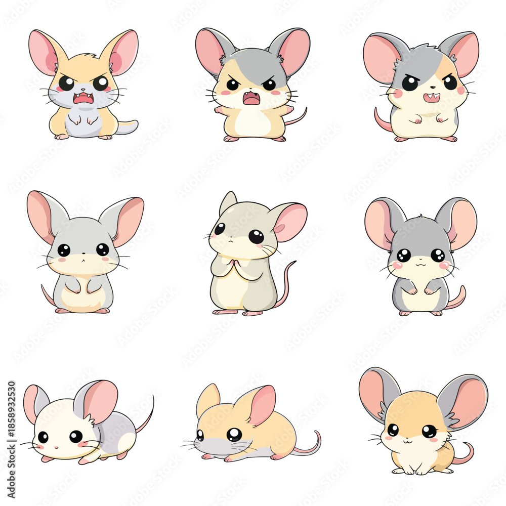 Fototapeta premium Set Icon of Jerboa kawaii minimal flat